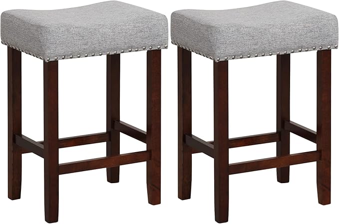 COSTWAY Counter Height Bar Stools Set of 2, 25-inch Backless Saddle Stools with Nailhead Trim, Rubber Wood Frame, Footrest, Max Load 330 Lbs, Upholstered Barstools for Kitchen Island Pub, Grey