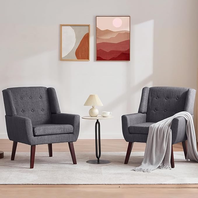 HUIMO Button-Tufted Accent Chairs Set of 2,Upholstered Reading Living Room Chair,Mid Century Modern Chair with Linen Fabric, Club Chair,Comfy Arm Chairs for Living Room,Bedroom,Grey