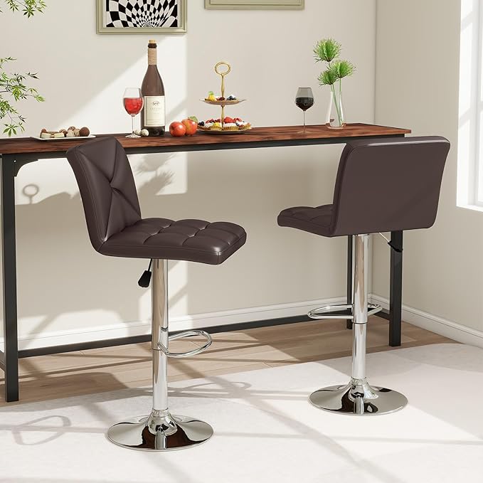 COSTWAY Bar Stools Set of 2, Modern PU Leather Swivel Bar Chairs, Height Adjustable Upholstered Barstools with Premium Gas Rod, Sturdy Footrest, Round Base, for Kitchen, Dining Room, Office,Brown