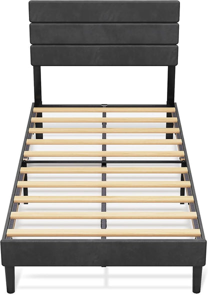 WLIVE Twin Size Upholstered Bed Frame, Velvet Square Tufted Headboard, Sturdy Metal & Wooden Slats Support, No Box Spring Needed, Light Grey