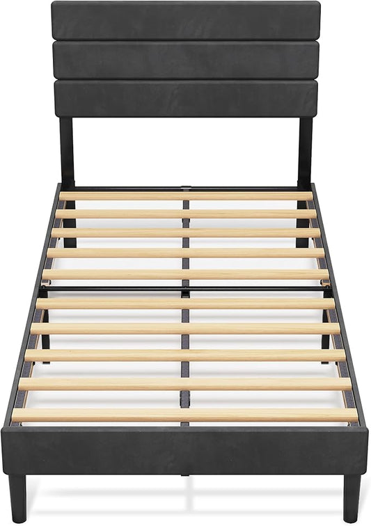 WLIVE Twin Size Upholstered Bed Frame, Velvet Square Tufted Headboard, Sturdy Metal & Wooden Slats Support, No Box Spring Needed, Light Grey