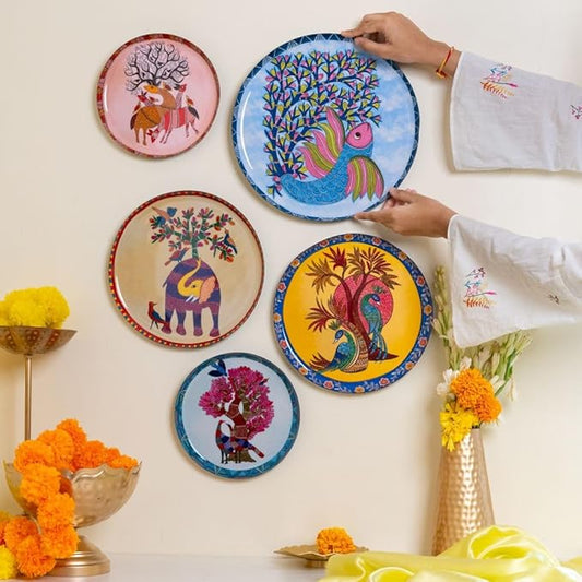 RITUALISTIC Gondh Wall Plates for home decoration | Wall decor items for living room | Metal Wall décor | Gift items for unisex | wall showpiece|Home Décor Christmas Gift Items | Set of 5 plates
