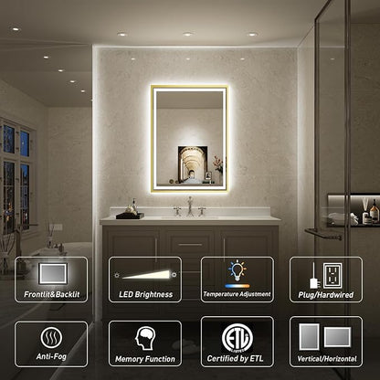 24x32 Inch LED Bathroom Mirror with Lights, Frontlit & Backlit Gold Metal Frame Mirror, Wall Mounted Lighted Vanity Mirrors for Wall, Double Lights Strips,Anti Fog Stepless Dimmable 3000K-6000K