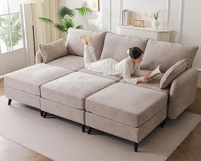 104'' Modular Sectional Sofa with All Seats Storage, Oversized Sleeper Sofa Bed for Living Room,3-Seater Comfy Cloud Couches with Movable Ottoman,Big Sectional for Bedroom,Velet,Khaki
