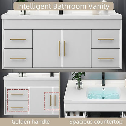56IN Modern Bathroom Vanity - LED Intelligent Mirror Cabinet Includes Time Display & Defogging | Bathroom Cabinet with Sink & Open Storage Compartments, Ceramic Washbasin, 4 Drawers (Style A)