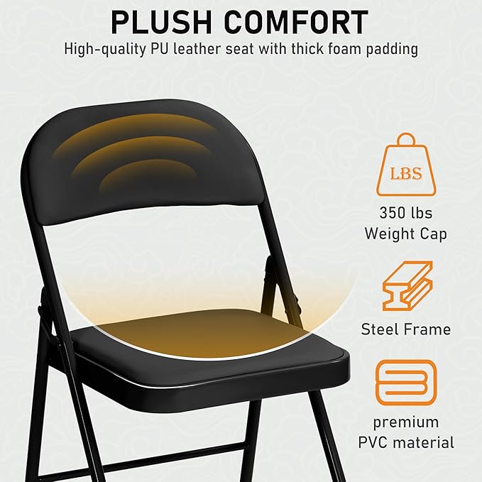 SEALAMB 10 Pack Black Folding Chairs with Padded Seats & Cushion, Durable Metal Foldable Chairs for Wedding Party, Commercial Chairs for Office School Church Events, 330lb Capacity (Black-PU, 10 Pack)