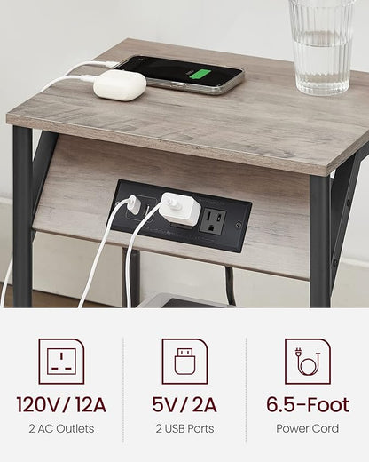 VASAGLE End Table with Charging Station, Set of 2, Small Side Tables for Living Room, Bedroom, Nightstand with Outlets and USB Ports, Bedside Table with Storage Shelf, Heather Greige and Black