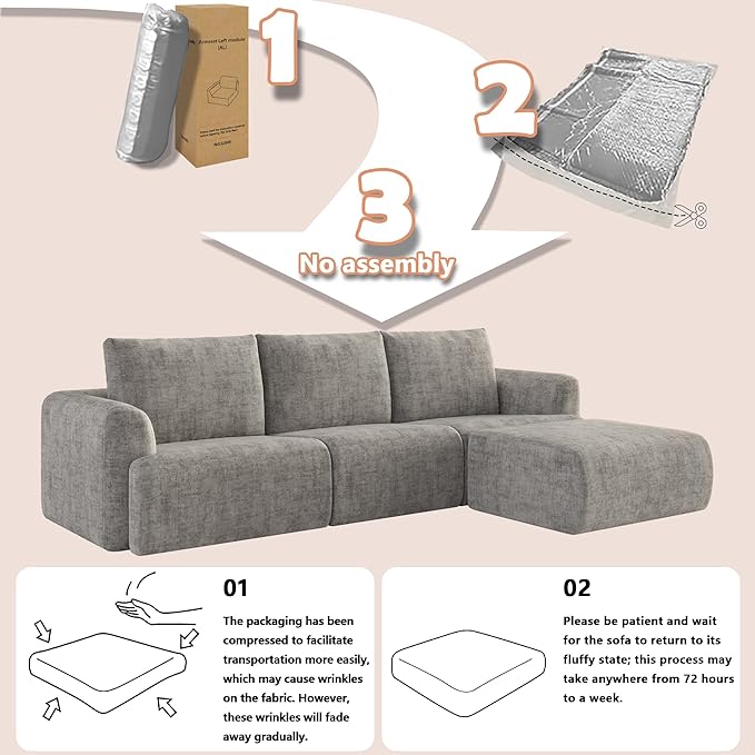 EASE MOOSE Cloud Couch Sectional Sofa, Large U-Shaped Oversized Modular Couch for Living Room, Minimalist Boneless Couches with Ottoman, 5-Seat Deep Sofas for Bedroom, Chenille (Light Grey)