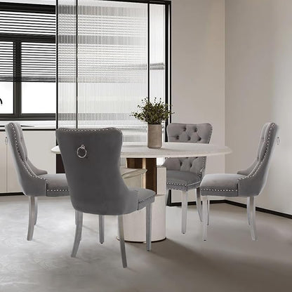 Velvet Upholstered Dining Chairs Set of 4, Modern Style Kitchen Side Chairs with Nailhead Trim and Silver Plated Leg, Metal Pulling Ring for Dining Room Living Room(Gery-Silver Plated Leg)