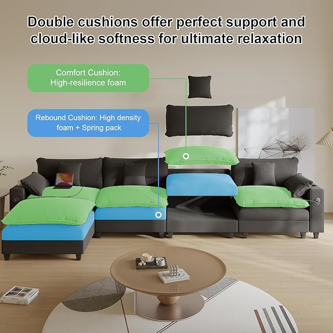 Cloud Couch, Modular Sectional Sofa with Ottoman, Charging Station, Throw Pillows, Cup Holders, Modern Convertible L Shaped Couches for Living Room, Bedroom (Classic Black, 152"- L Shape)
