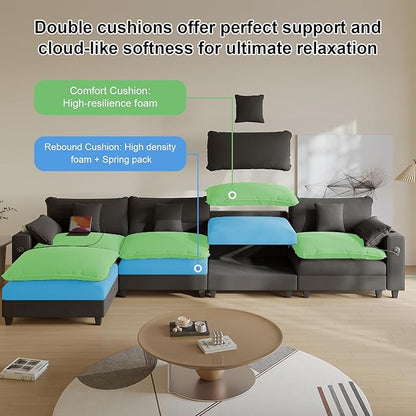 Cloud Couch, Modular Sectional Sofa with Ottoman, Charging Station, Throw Pillows, Cup Holders, Modern Convertible L Shaped Couches for Living Room, Bedroom (Classic Black, 152"- L Shape)