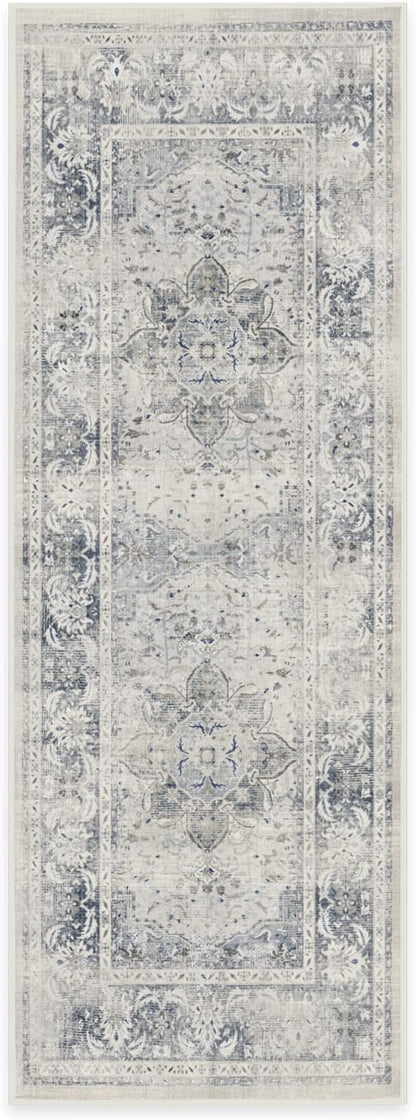 RUGGABLE Washable Vintage Runner Rug – Sarrah Blue Quartz 2.5x7, Stain-Resistant, Non-Slip Hallway Runner – Machine Washable Rug for Hallway, Entryway, Living Room & Kitchen–with Cushioned Pad