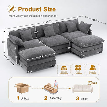 111.4" Cloud Chenille Sectional Sofa 3+2｜Modular 5-Seat Couch with Connector｜FSC Solid Wood Frame｜29.1" Deep Seat｜1YR Comfort Guarantee