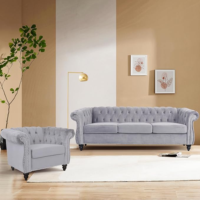 Velvet Sofa Couches Set, 3-Piece Mid Century Modern Upholstered Couch with Cushions, Home Sofa Sectional Furniture Sets, Comfy Tufted Chesterfield Couches for Living Room, Bedroom, Office