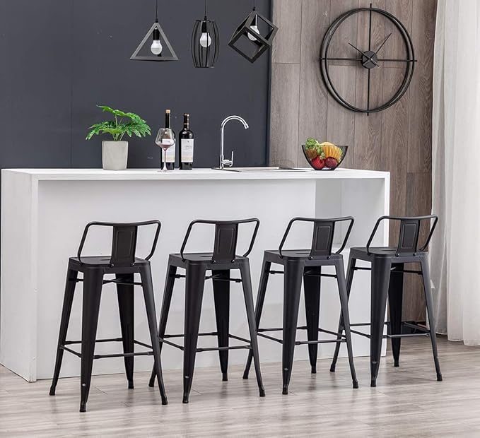 HAOBO Home 26" Low Back Metal Counter Stool Height Bar Stools [Set of 4] for Indoor/Outdoor Barstools, Matte Black