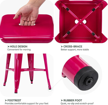 Vogue Furniture Direct 24 Inch Metal Bar Stools, Backless Counter Height Barstools, Indoor Outdoor Stackable Stools with Square Seat, Set of 2 (Hot Pink)