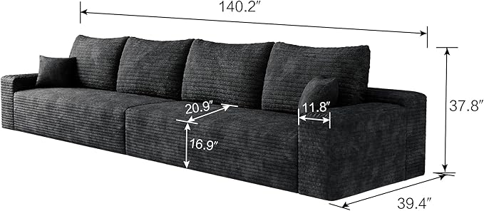 140.2" Cloud Modular Black Sofa, 4-Seater Upholstered Couches for Living Room, Modern Minimalist Deep Seat Boneless Couch, No Assembly Required, Plush Corduroy Fabric