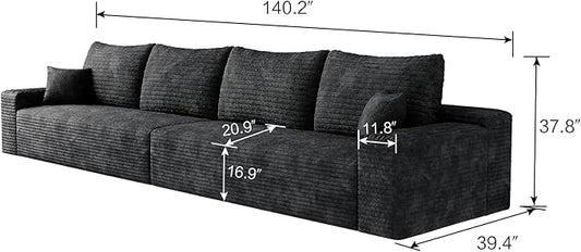 140.2" Cloud Modular Black Sofa, 4-Seater Upholstered Couches for Living Room, Modern Minimalist Deep Seat Boneless Couch, No Assembly Required, Plush Corduroy Fabric