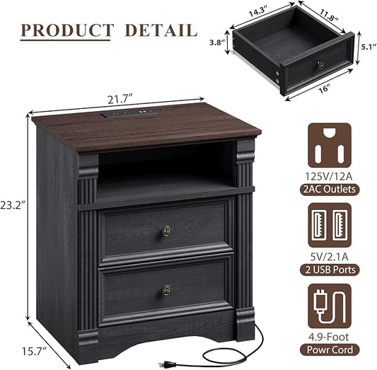 Yaamizz Farmhouse Nightstands with Charging Station, Table with Drawer and Storage Shelf, Wood Pilasters and Metal Handles, Vintage Design, Organizer for Bedroom, Hallway, Black