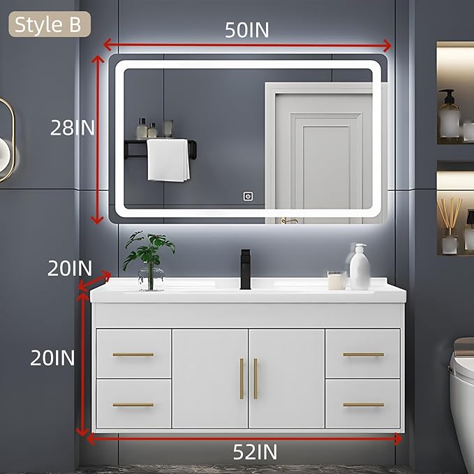 52IN Modern Bathroom Vanity - LED Intelligent Mirror Cabinet Includes Time Display & Defogging | Bathroom Cabinet with Sink & Open Storage Compartments, Ceramic Washbasin, 4 Drawers (Style B)