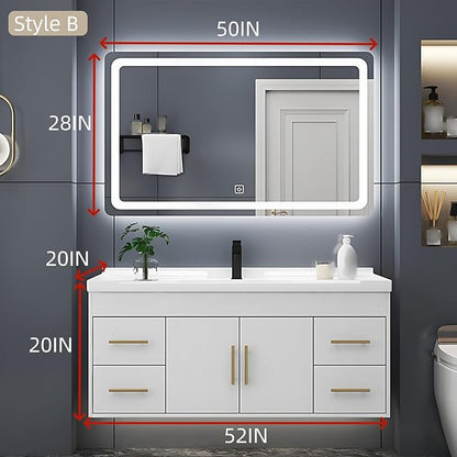52IN Modern Bathroom Vanity - LED Intelligent Mirror Cabinet Includes Time Display & Defogging | Bathroom Cabinet with Sink & Open Storage Compartments, Ceramic Washbasin, 4 Drawers (Style B)