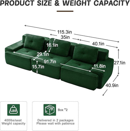 115.3” Green Boneless Couches for Living Room, Modular Sectional Sofa, 3 Seater Comfy Upholstered Deep Seat Corduroy Fabric Cloud Couch No Assembly, Anti-Slip Design