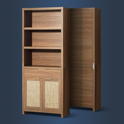 Hampstead Bookcase, Rattan Bookcase with Doors Cabinet and Drawer, 5-Tier Bookshelf, Large Wooden Book Case, Tall Bookshelves for Library Living Room (Weathered Oak, 1 Piece)