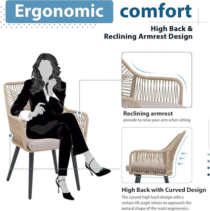 JOIVI Outdoor Dining Chairs Set of 4, 4 Pieces Woven Rope Patio Chairs with Armrest and Seat Cushions for Outside Porch, Balcony or Indoor Kitchen, Restaurant, Tan