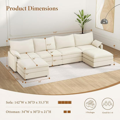 Vesgantti 142" U Shaped Sectional Couch, Comfy Cloud Modular Sectional Sofa with 2 Ottoman Deep Seat Chenille Modern Cloud Sofa, Modular Sofas for Living Room, Bedroom and Apartment, Snow White