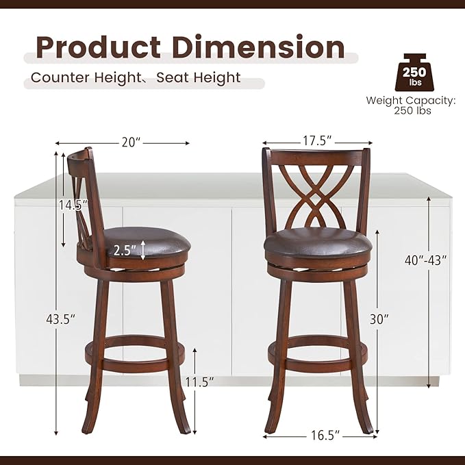 COSTWAY Bar Stools Set of 4, 360° Swivel Chairs with Rubber Wood Frame, 30-Inch PU Leather Cushioned Seat and Footrests, for Kitchen Island, Dining Room, Bar (Brown-30 inches, 4 stools)