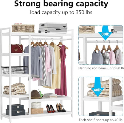 LITTLE TREE Free Standing Wood Closet Clothes Rack,Heavy Duty Grament Rack with Shelves,Hanging Racks for Clothes Clothing Rack for Bedrom,Wardrobe Closet Organizer,350 lb Capacity