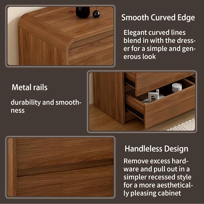 8 Drawer Dresser For Bedroom 55 Inch Wood Chest of Drawers - Curved Anti Collision, Mid Century Dresser For Closet with Natural Texture & Pre-Embedded Slots for TV Stand, Living Room, Nursery