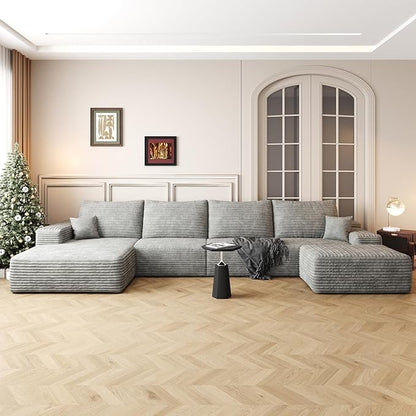 135.4" Large Cloud Modular Sectional Couch with Ottoman, Minimalist Upholstered Couches, Comfort U Shaped Sofa for Living Room,Deep Seat Corner Couch，No Assembly Required (Grey,Left Facing Chaise)