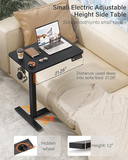 FiCiHi Small Electric Standing Desk - Adjustable Height Bedside Laptop Table with Wheels, Mobile, Portable Rolling Computer Workstation Sit Stand Table for Home Office, Sofa, Couch Use (28x16, Black)