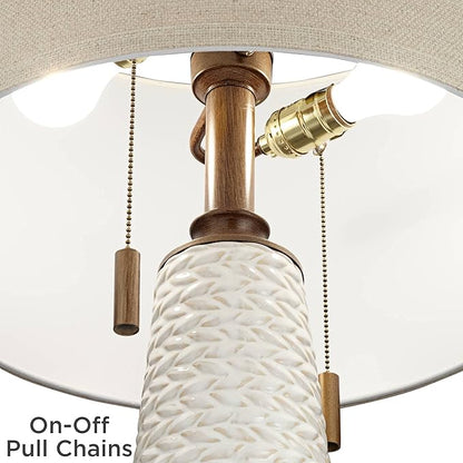Possini Euro Design Kingston Mid Century Modern Table Lamp 32 3/4" Tall White Grooved Patterned Ceramic Taupe Drum Shade for Bedroom Living Room House Bedside Nightstand Home Office Entryway Family