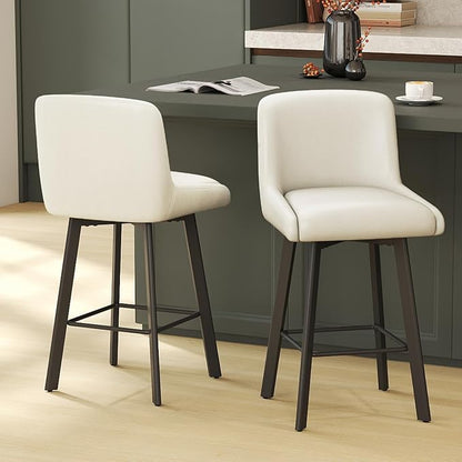 Swivel Bar Stools, 26''H Upholstered Barstools with Backs, Modern Counter Height Bar Stool Chairs for Kitchen Island, Metal Legs (Beige- Faux Leather, Set of 4-26" H)