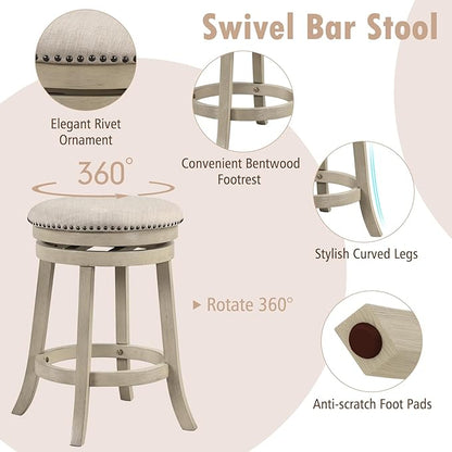 COSTWAY 360° Swivel Bar Stools Set of 2, 26.5-inch Height Upholstered Round Barstools with Wooden Frame, Seat and Footrest, Backless Solid Wood Counter Stools for Kitchen Island Bistro Pub, Beige