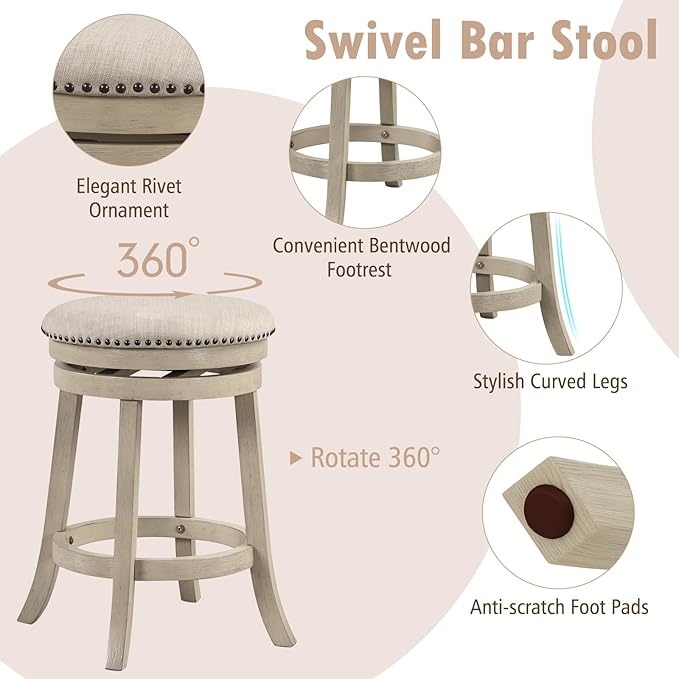 COSTWAY 360° Swivel Bar Stools Set of 4, 26.5-inch Height Upholstered Round Barstools with Wooden Frame, Seat and Footrest, Backless Solid Wood Counter Stools for Kitchen Island Bistro Pub, Beige