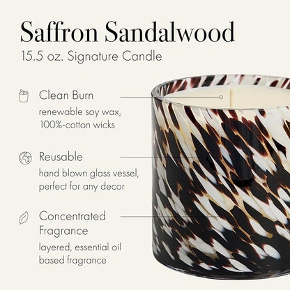 LAFCO New York Signature Fall Candle, Saffron Sandalwood - 15.5 oz - 90-Hour Burn Time - Reusable, Hand Blown Glass Vessel - Made in The USA
