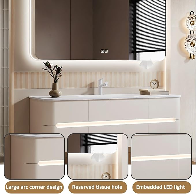 44IN Bathroom Vanity - Bathroom Vanity with Sink with Intelligent Induction Light | Wall-Mounted Bathroom Vanity with Intelligent LED Mirror Cabinet & 6 Drawers, Cream Color