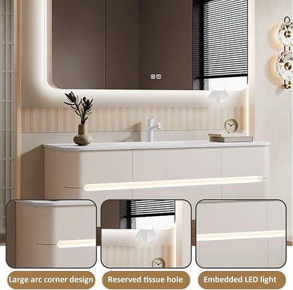 32IN Bathroom Vanity - Bathroom Vanity with Sink with Intelligent Induction Light | Wall-Mounted Bathroom Vanity with Intelligent LED Mirror Cabinet & 6 Drawers, Cream Color