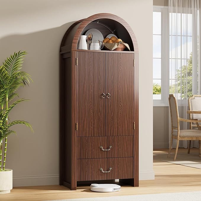FURSUN 71" Tall Fluted Arched Bookshelf with Doors, Wood Pantry Storage Cabinet with 2 Large Drawers, Modern Versatile Bookcase for Living Room, Kitchen, Dining(Dark Walnut)