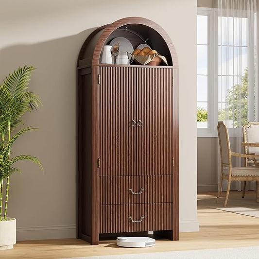FURSUN 71" Tall Fluted Arched Bookshelf with Doors, Wood Pantry Storage Cabinet with 2 Large Drawers, Modern Versatile Bookcase for Living Room, Kitchen, Dining(Dark Walnut)