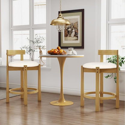 COSTWAY 24'' Counter Height Bar Stools Set of 2, Teddy Velvet Upholstered Bar Chairs with Backrests and Footrests, Wood High Barstools for Kitchen Island and Dining Room (Natural)