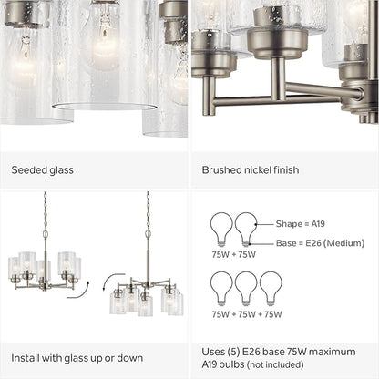 Kichler Winslow 19.75" Chandelier in Brushed Nickel, 5-Light Chandelier for Dining Room, Living Room, or Bedroom, Clear Seeded Glass, (19.75" W x 16" H), 44030NI