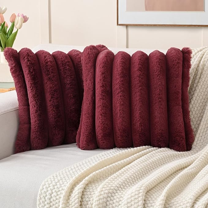 FUTEI Christmas Burgundy Decorative Throw Pillow Covers 16x16 Inch Set of 2, Square Soft Faux Rabbit Fur Thick Striped Cushion Cover,Winter Home Decor for Couch Bed Living Room