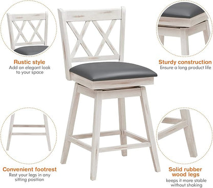 COSTWAY Bar Stool Set of 4, 360 ° Swivel Counter Height 25inch Bar Stool with Foot Rest Upholstered Cushion & Ergonomic Backrest, Sturdy Frame, for Pub, Kitchen Islands (4, Antique White + Grey)