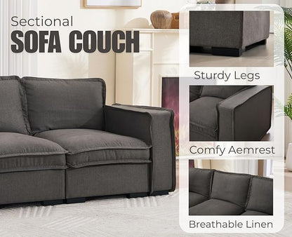 EALSON 119" Modular Sectional Sofa Modern Comfy 4-Seater Couch Sofa Linen Fabric Upholstered Cloud Couches with 24" Deep Seat and Wooden Legs for Bedroom/Living Room/Office, Grey
