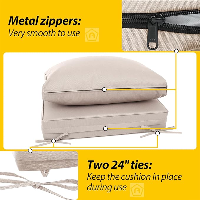 AAAAAcessories Outdoor Deep Seat Cushions, Waterproof, Fade-Resistant Patio Furniture Replacement Cushions, 25.5" x 25.5" x 5" + 25.5" x 13.5", Set of 2, Khaki Beige