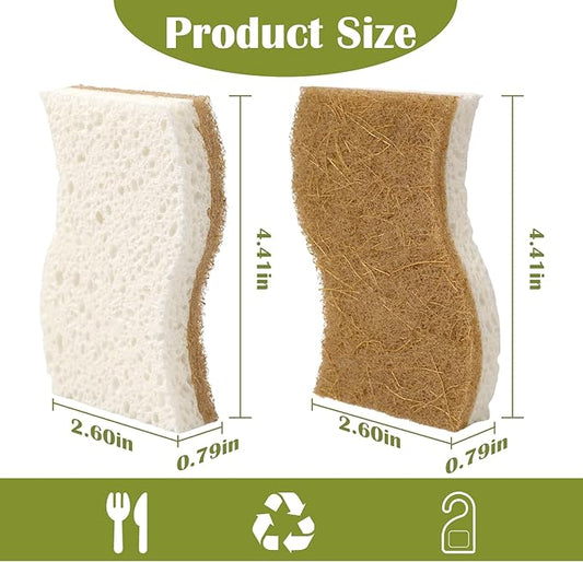 14Pack Natural Kitchen Sponge, Eco-Friendly Dish Sponge for Kitchen - Biodegradable Cellulose and Coconut Scrubber - Household Cleaning Sponge for Dishes, White